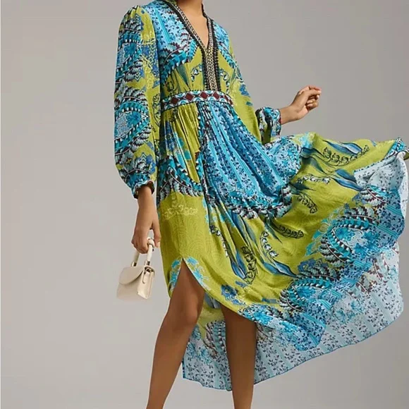 Anthropologie Bhanuni by Jyoti Blue and Green Maxi Dress New Size 10 - Picture 1 of 6